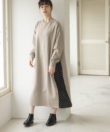 【ママサイズ】サイドプリーツ ドッキング 長袖 ワンピース