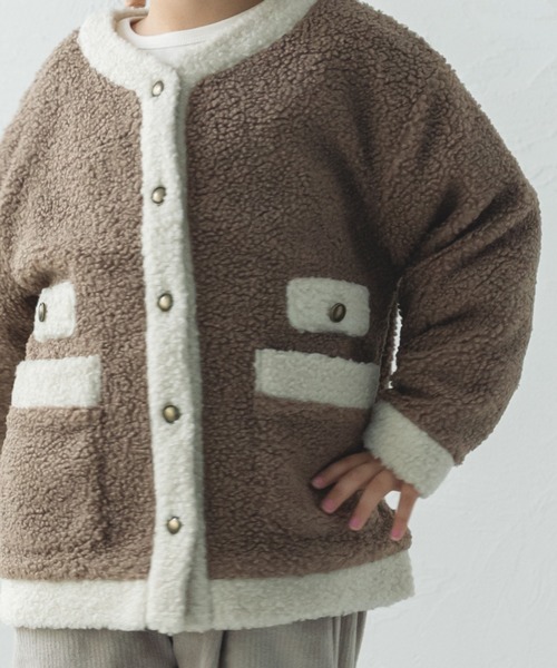 pairmanon（ペアマノン）の「シープボア ノーカラー ジャケット バイカラー（ノーカラージャケット・キッズ・アイボリー/モカ・120/140/130/100/90/150/110）」の5枚目の写真