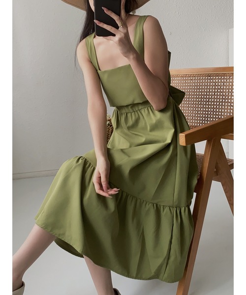 MAISON DE THERESE(メゾン ド テレーズ)の「ビーチ リゾート バックリボンオープン フレアキャミワンピース ジャンパースカート(ジャンパースカート・レディース・グリーン/ホワイト/ブラック・M)」の13枚目の写真