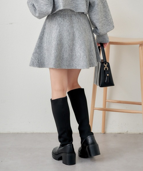 Chico（チコ）の「【セットアップ対応】スパンコールニットフレアミニ