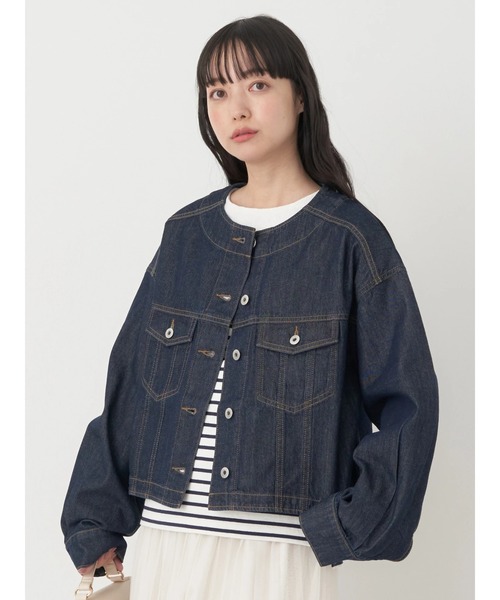 earth music&ecology（アースミュージックアンドエコロジー）の「ノーカラーツイルブルゾン（ブルゾン・レディース・インディゴブルー/オフホワイト/ピンクベージュ・FREE）」の7枚目の写真