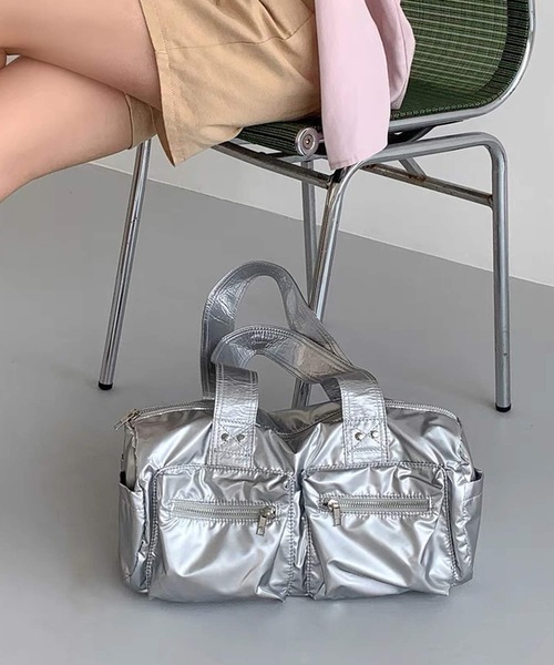 ダブルポケット ナイロン 横長ボストンバッグ ドラムバッグ（ボストン