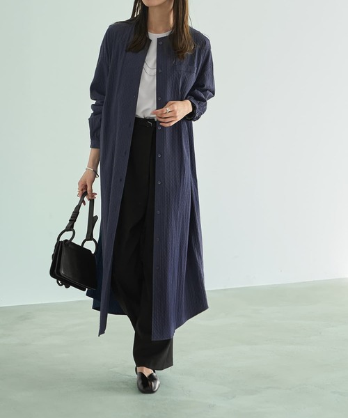 STYLE DELI（スタイルデリ）の「コートにもなるドビー織りドット柄ワンピース（ワンピース・レディース・ブラック/オリーブ/ネイビー・FREE）」の4枚目の写真