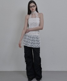 SETUPEXE | 韓国ブランド SETUP‐EXE セットアップエグゼ LACE TUBETOP OPS & SCARF チューブトップワンピ スカーフ付きチュニック レースワンピース シースルーワンピース シアーワンピース レースチュニック 韓国ファッション 韓国ストリート ストリートファッション(ワンピース)