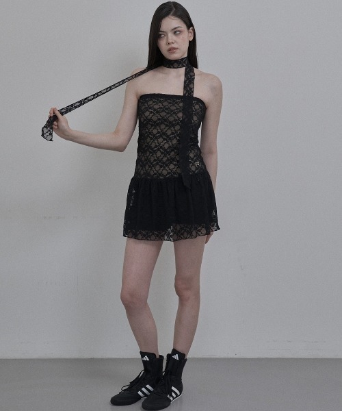 SETUPEXE(セットアップイーエックスイー)の「韓国ブランド SETUP‐EXE セットアップエグゼ LACE TUBETOP OPS & SCARF チューブトップワンピ スカーフ付きチュニック レースワンピース シースルーワンピース シアーワンピース レースチュニック 韓国ファッション 韓国ストリート ストリートファッション(ワンピース・レディース・ブラック/ベビーピンク/ホワイト・ONE SIZE)」の2枚目の写真