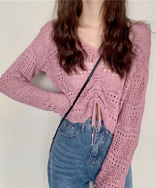 Teem Store（チームストア）の「シャーリングメッシュ編み ニット（ニット/セーター・レディース・ホワイト/ブラック/ピンク/アイボリー/パープル/グリーン・F）」の6枚目の写真