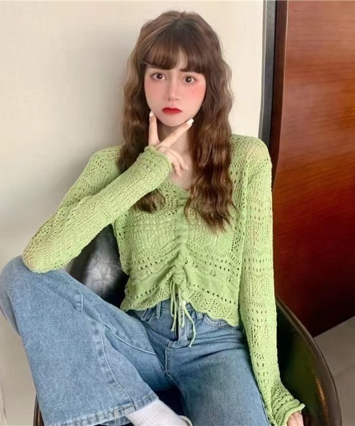 Teem Store（チームストア）の「シャーリングメッシュ編み ニット（ニット/セーター・レディース・ホワイト/ブラック/ピンク/アイボリー/パープル/グリーン・F）」の5枚目の写真