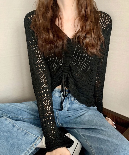 Teem Store（チームストア）の「シャーリングメッシュ編み ニット（ニット/セーター・レディース・ホワイト/ブラック/ピンク/アイボリー/パープル/グリーン・F）」の4枚目の写真