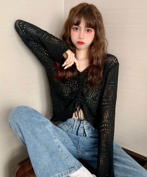 Teem Store（チームストア）の「シャーリングメッシュ編み ニット（ニット/セーター・レディース・ホワイト/ブラック/ピンク/アイボリー/パープル/グリーン・F）」の10枚目の写真