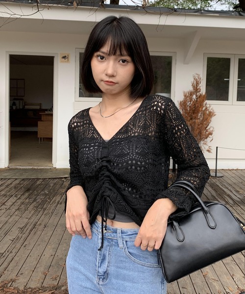 Teem Store（チームストア）の「シャーリングメッシュ編み ニット（ニット/セーター・レディース・ホワイト/ブラック/ピンク/アイボリー/パープル/グリーン・F）」の9枚目の写真