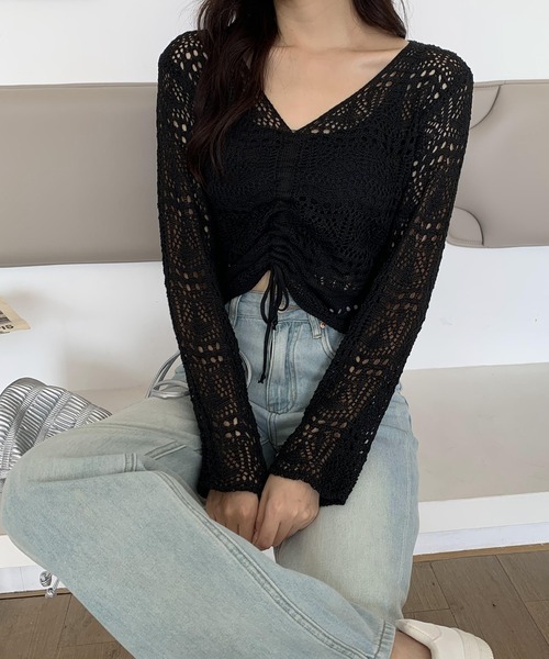 Teem Store（チームストア）の「シャーリングメッシュ編み ニット（ニット/セーター・レディース・ホワイト/ブラック/ピンク/アイボリー/パープル/グリーン・F）」の8枚目の写真