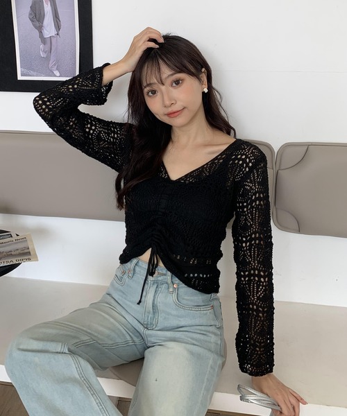 Teem Store（チームストア）の「シャーリングメッシュ編み ニット（ニット/セーター・レディース・ホワイト/ブラック/ピンク/アイボリー/パープル/グリーン・F）」の7枚目の写真