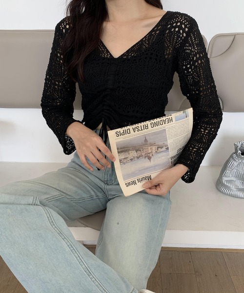 Teem Store（チームストア）の「シャーリングメッシュ編み ニット（ニット/セーター・レディース・ホワイト/ブラック/ピンク/アイボリー/パープル/グリーン・F）」の21枚目の写真