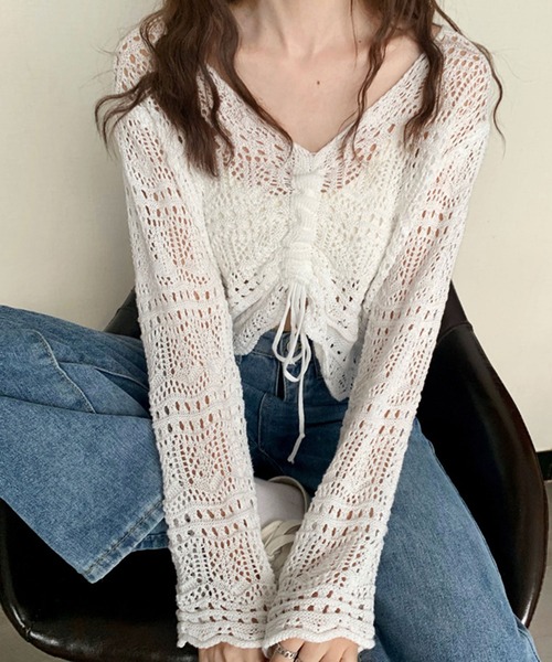 Teem Store（チームストア）の「シャーリングメッシュ編み ニット（ニット/セーター・レディース・ホワイト/ブラック/ピンク/アイボリー/パープル/グリーン・F）」の19枚目の写真