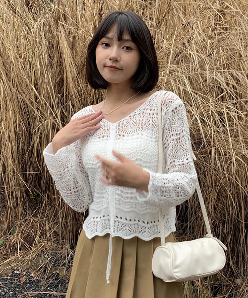 Teem Store（チームストア）の「シャーリングメッシュ編み ニット（ニット/セーター・レディース・ホワイト/ブラック/ピンク/アイボリー/パープル/グリーン・F）」の17枚目の写真
