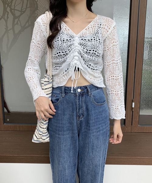Teem Store（チームストア）の「シャーリングメッシュ編み ニット（ニット/セーター・レディース・ホワイト/ブラック/ピンク/アイボリー/パープル/グリーン・F）」の16枚目の写真
