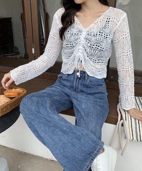 Teem Store（チームストア）の「シャーリングメッシュ編み ニット（ニット/セーター・レディース・ホワイト/ブラック/ピンク/アイボリー/パープル/グリーン・F）」の14枚目の写真