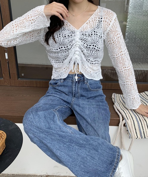 Teem Store（チームストア）の「シャーリングメッシュ編み ニット（ニット/セーター・レディース・ホワイト/ブラック/ピンク/アイボリー/パープル/グリーン・F）」の13枚目の写真