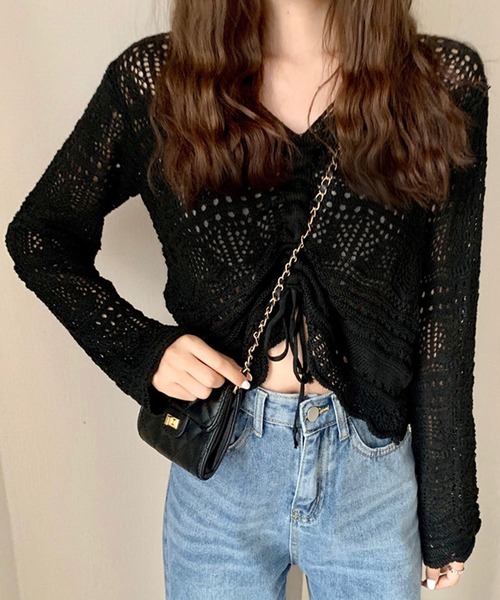 Teem Store（チームストア）の「シャーリングメッシュ編み ニット（ニット/セーター・レディース・ホワイト/ブラック/ピンク/アイボリー/パープル/グリーン・F）」の11枚目の写真