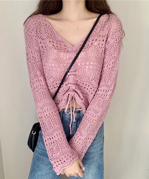 Teem Store（チームストア）の「シャーリングメッシュ編み ニット（ニット/セーター・レディース・ホワイト/ブラック/ピンク/アイボリー/パープル/グリーン・F）」の22枚目の写真