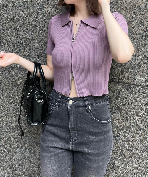 clear（クリア）の「ダブルジップ半袖ニットトップス（ニット/セーター・レディース・ブラック/オフホワイト/ピンク/グレー/パープル系その他/チャコールグレー・F）」の6枚目の写真