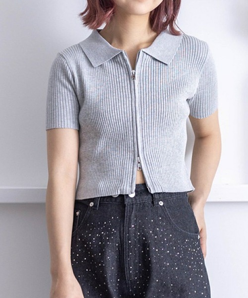 clear（クリア）の「ダブルジップ半袖ニットトップス（ニット/セーター・レディース・ブラック/オフホワイト/ピンク/グレー/パープル系その他/チャコールグレー・F）」の5枚目の写真