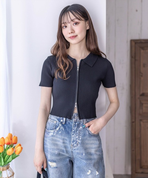 clear（クリア）の「ダブルジップ半袖ニットトップス（ニット/セーター・レディース・ブラック/オフホワイト/ピンク/グレー/パープル系その他/チャコールグレー・F）」の14枚目の写真