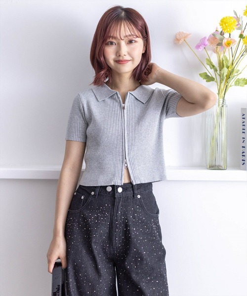 clear（クリア）の「ダブルジップ半袖ニットトップス（ニット/セーター・レディース・ブラック/オフホワイト/ピンク/グレー/パープル系その他/チャコールグレー・F）」の20枚目の写真