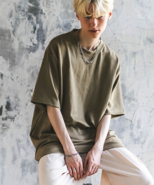Shoowtime(ショウタイム)の「ビッグシルエットポリスウェード半袖トップス / Tシャツ(Tシャツ/カットソー・メンズ・カーキ系/アイボリー/ブラック/ブラウン系/グレー/ライトグリーン系・MEDIUM/LARGE/X-LARGE)」の1枚目の写真