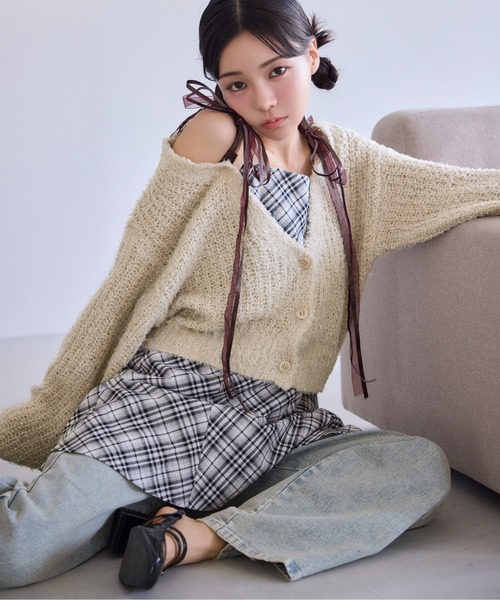 one after another NICE CLAUP（ワンアフターアナザーナイスクラップ）の「リボンニットカーディガン（カーディガン/ボレロ・レディース・ベージュ/ピンク/オフホワイト/グレー・FREE）」の15枚目の写真
