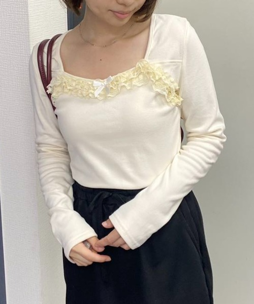 mebole(メボレ)の「レースラウンドネックロングTシャツ(Tシャツ/カットソー・レディース・アイボリー/グレー・FREE)」の6枚目の写真