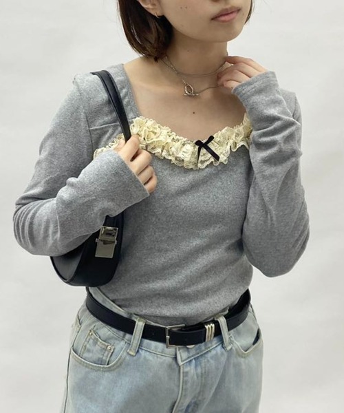 mebole(メボレ)の「レースラウンドネックロングTシャツ(Tシャツ/カットソー・レディース・アイボリー/グレー・FREE)」の22枚目の写真