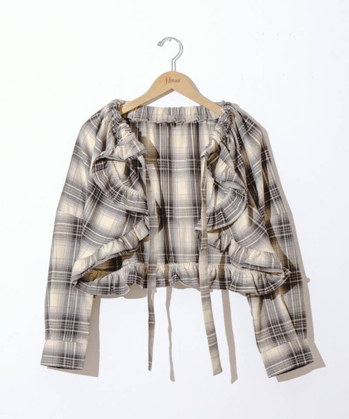 flower（フラワー）の「ペタルチェックジャケット（ノーカラージャケット・レディース・ベージュ・FREE）」の8枚目の写真