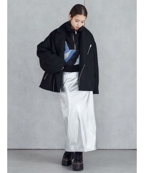 MURUA(ムルーア)の「ループニードルライダースジャケットコート(ブルゾン・レディース・ホワイト/ブラック・FREE)」の12枚目の写真