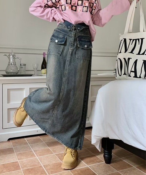 Miniministore(ミニミニストア)の「デニムマキシスカート バックスリット入り(デニムスカート・レディース・ブルー・M/XL/L/S)」の1枚目の写真