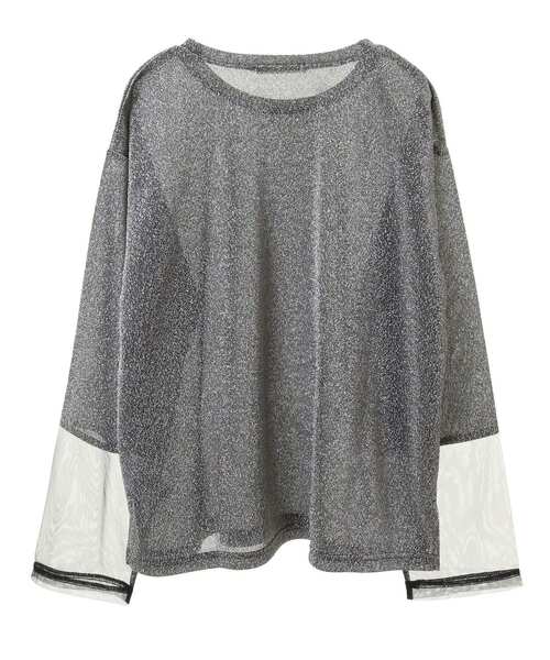 Green　Parks（グリーンパークス）の「袖チュールドッキングラメプルオーバー（その他トップス・レディース・グレー/ブラック/ピンク・FREE）」の4枚目の写真