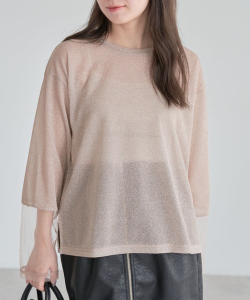 Green　Parks（グリーンパークス）の「袖チュールドッキングラメプルオーバー（その他トップス・レディース・グレー/ブラック/ピンク・FREE）」の3枚目の写真
