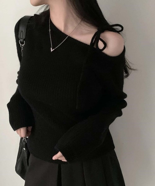 ワンオフショルダー肩紐ニット (2color) | ファッション通販