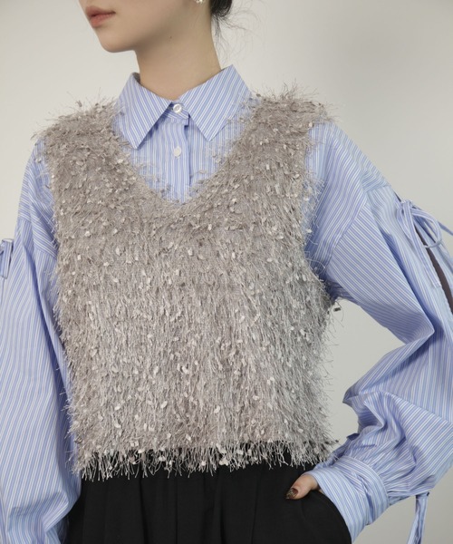 DRESS PLUS(ドレスプラス)の「ベスト フリンジベスト 前後2WAY ショート丈(キャミソール・レディース・ベージュ/モカ/ブラック/グレー・M)」の2枚目の写真