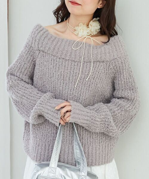 MAJESTIC LEGON(マジェスティックレゴン)の「レースリボンオフショルニット(ニット/セーター・レディース・グレー/ピンク/アイボリー・MEDIUM)」の7枚目の写真
