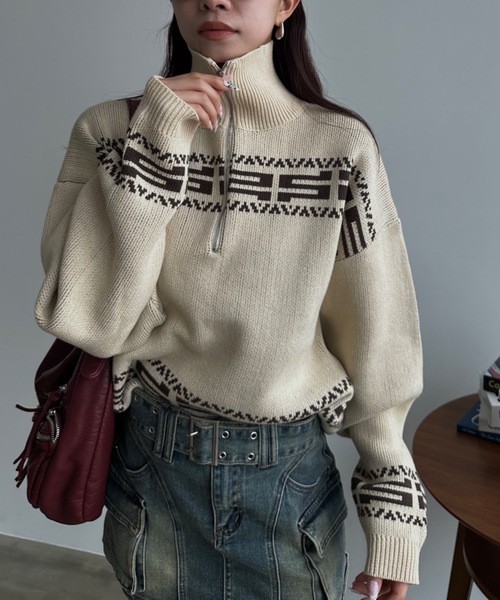 SHAGGIE（シャギー）の「ニュアンス柄ハーフジップオーバーニット（ニット/セーター・レディース・グレー/ナチュラル/ブラウン・FREE）」の7枚目の写真