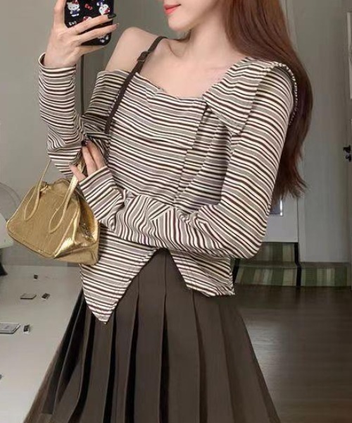 セール】非規則襟 オフショルダストライブトップス（Tシャツ