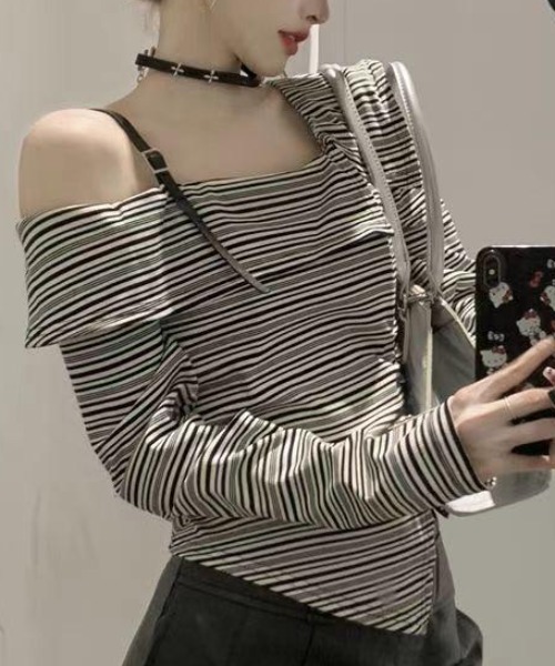 セール】非規則襟 オフショルダストライブトップス（Tシャツ