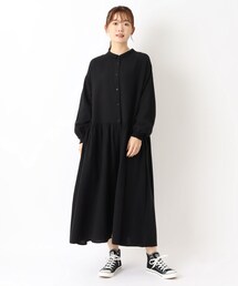 ネル袖ギャザー ウエスト切替ワンピース