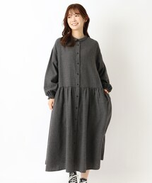 ネル袖ギャザー ウエスト切替ワンピース