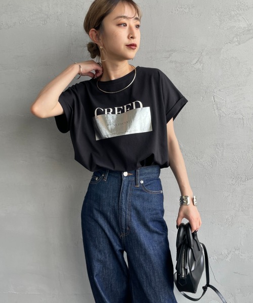 tシャツ 「MAISON DE L'ALLURE/メゾンドゥラリュール」 箔ラバーロゴプリントＴシャツ レディース MAISON DE L'ALLURE/メゾンドゥラリュール] 箔ラバーロゴ