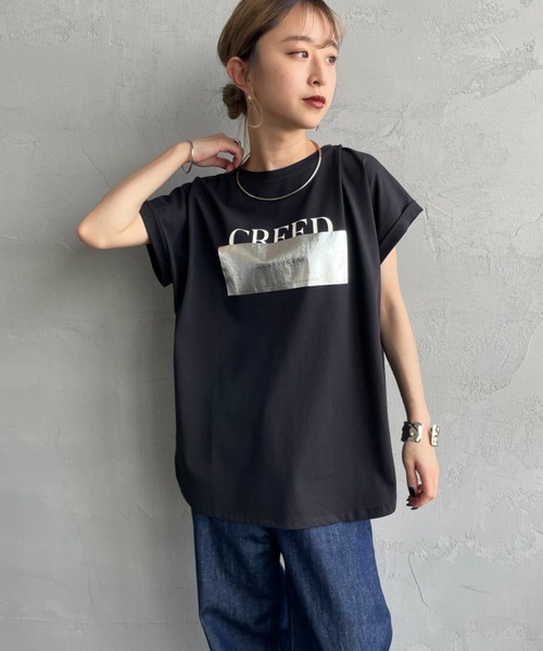 tシャツ 「MAISON DE L'ALLURE/メゾンドゥラリュール」 箔ラバーロゴプリントＴシャツ レディース MAISON DE L'ALLURE/メゾンドゥラリュール] 箔ラバーロゴ