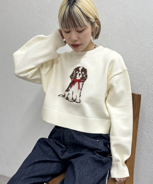 w closet（ダブルクローゼット）の「DOGショートニット（ニット/セーター・レディース・ブルー/ネイビー/アイボリー・FREE）」の4枚目の写真