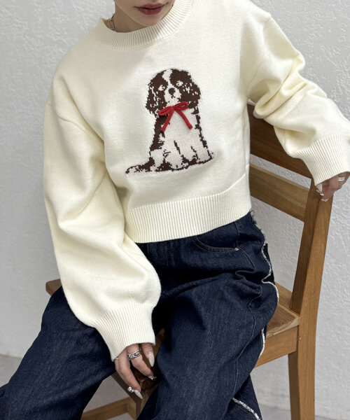 w closet（ダブルクローゼット）の「DOGショートニット（ニット/セーター・レディース・ブルー/ネイビー/アイボリー・FREE）」の5枚目の写真