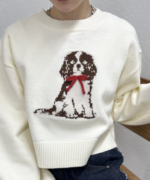 w closet（ダブルクローゼット）の「DOGショートニット（ニット/セーター・レディース・ブルー/ネイビー/アイボリー・FREE）」の6枚目の写真